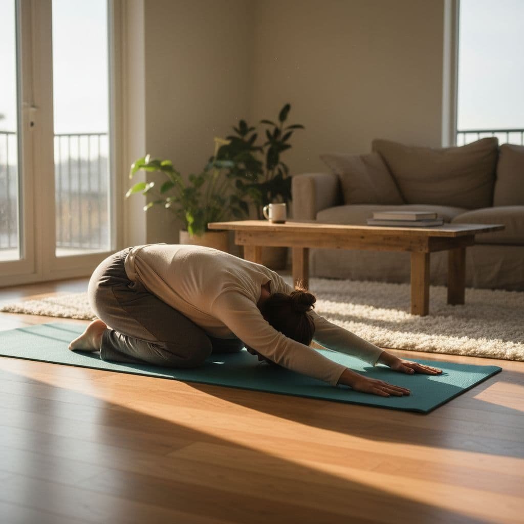 A person in comfortable clothes rests in childs pose on a yoga mat in a sunlit room.