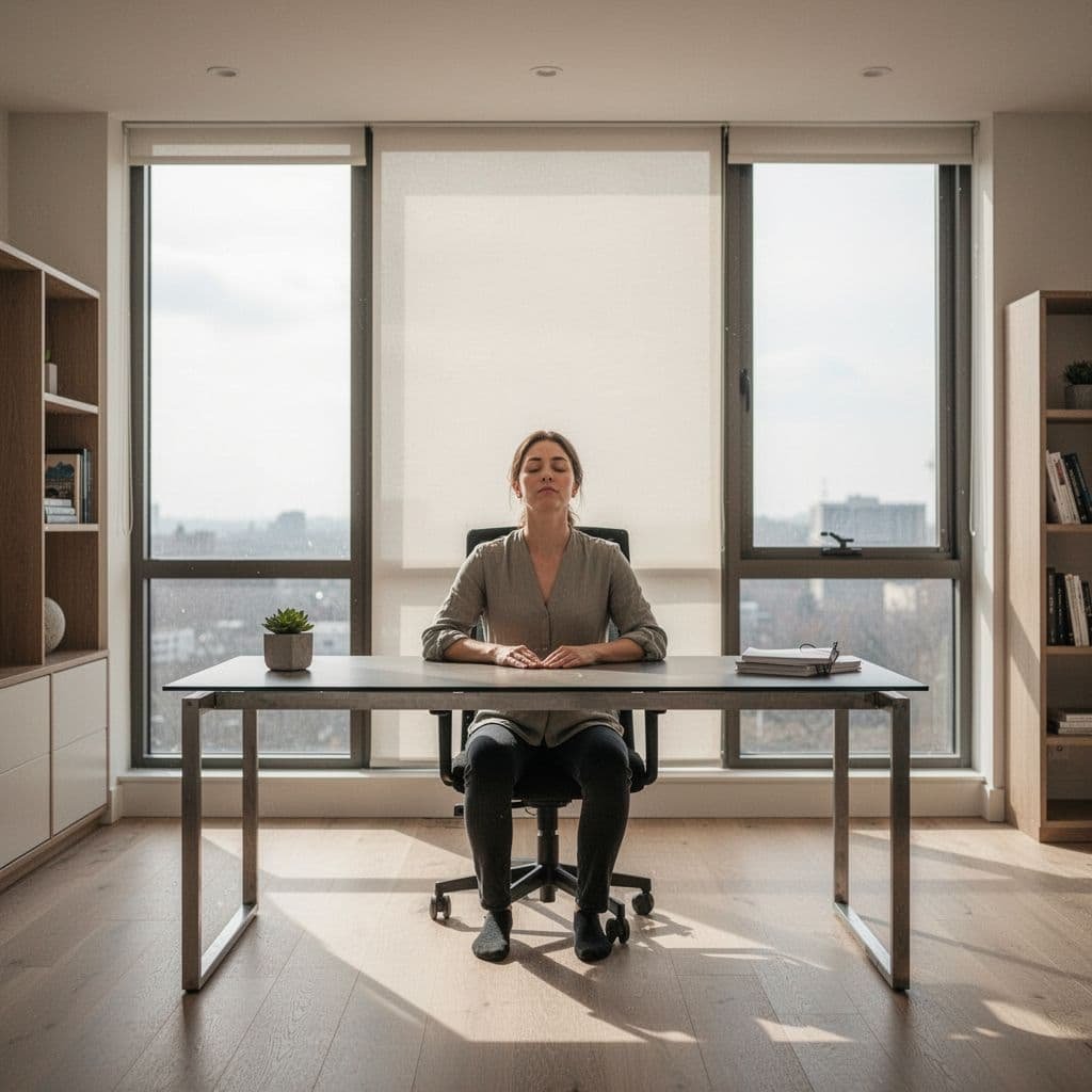 A person sits with eyes closed at a minimalist desk, taking a calm breath in a sunlit office.