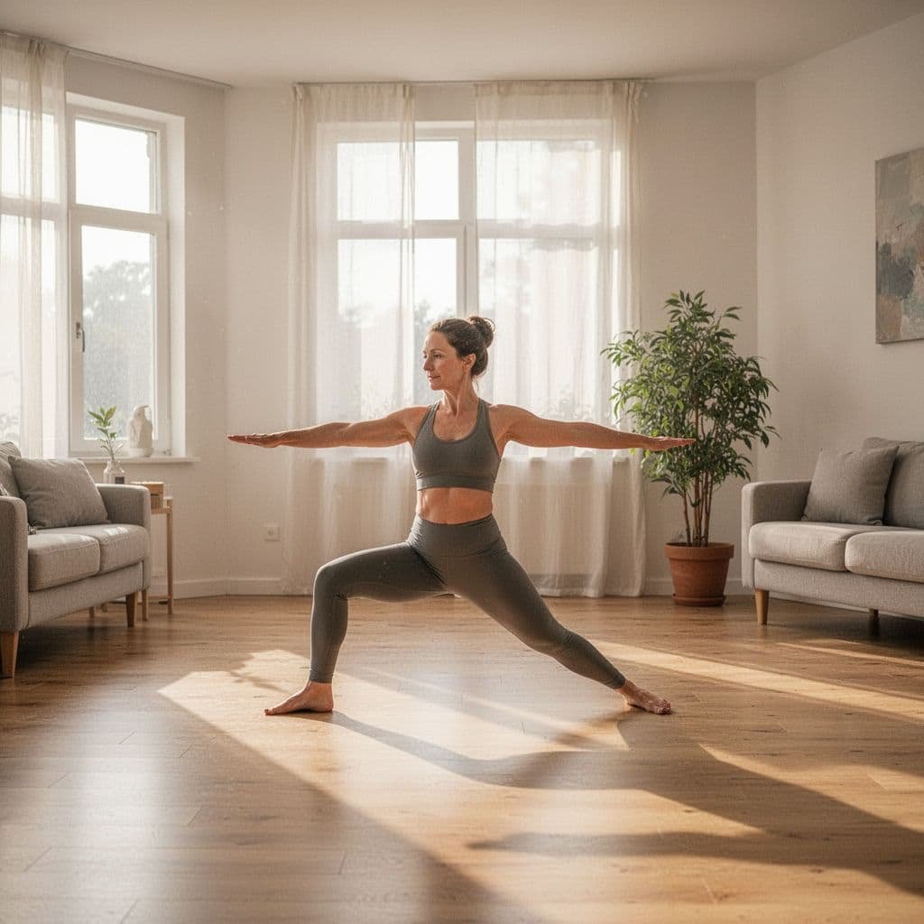 A person practices yoga in a sunlit living room during the morning.