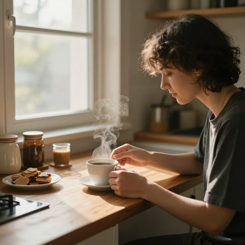 Person at wooden kitchen table gently pushes away coffee mug with warm sunlight from window.