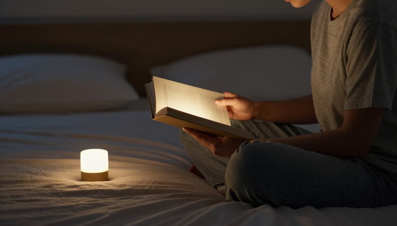A person sits on the bed edge in a dimly lit bedroom at night, reading a paper book under warm bedside lamp light.