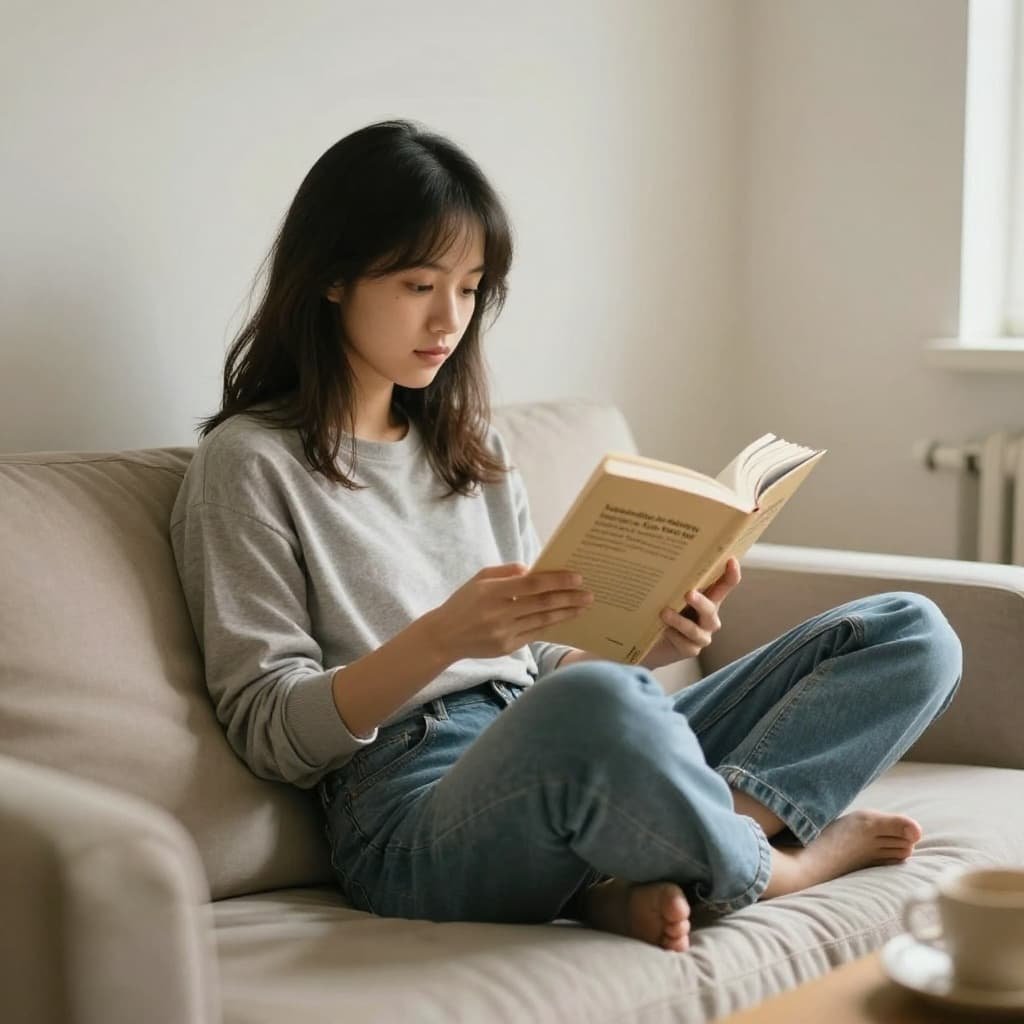 A person sits comfortably in a sunlit living room reading a book, relaxed in casual clothes.