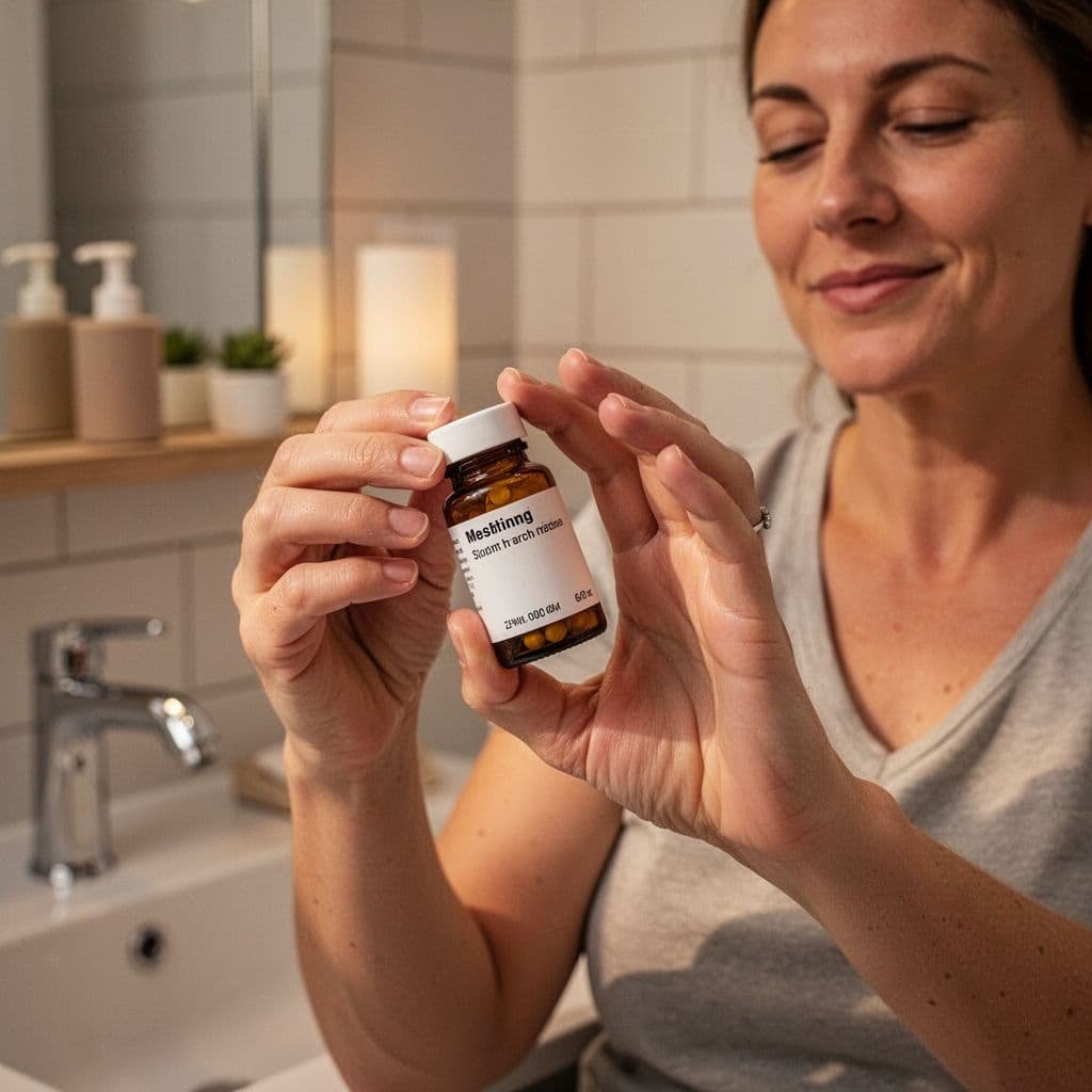 Close-up of a person holding a small medicine bottle to read its label in a softly lit room.