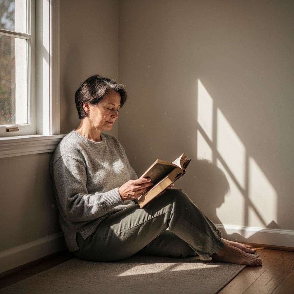 A person sits in a sunlit corner of a quiet room reading a book.