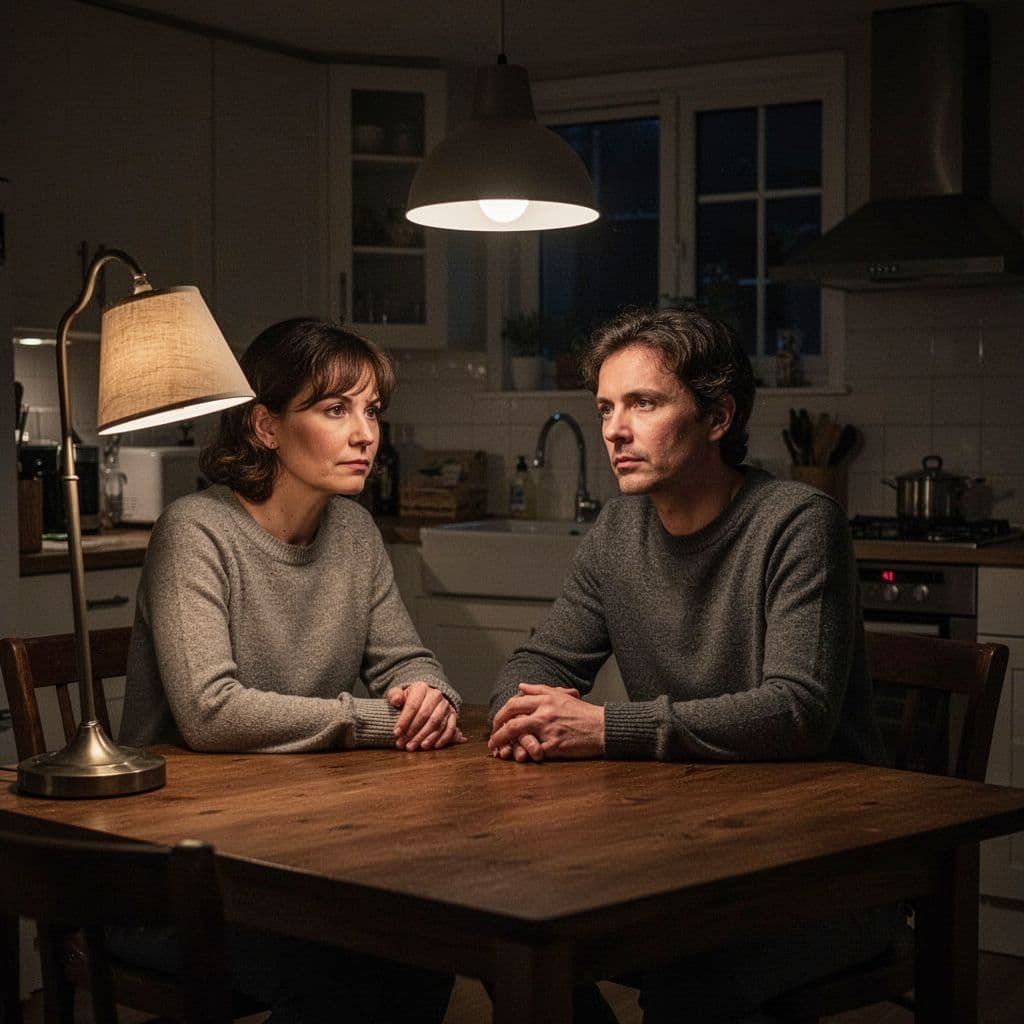 A calm person sits at a dimly lit kitchen table, resting their hands while lost in thought.