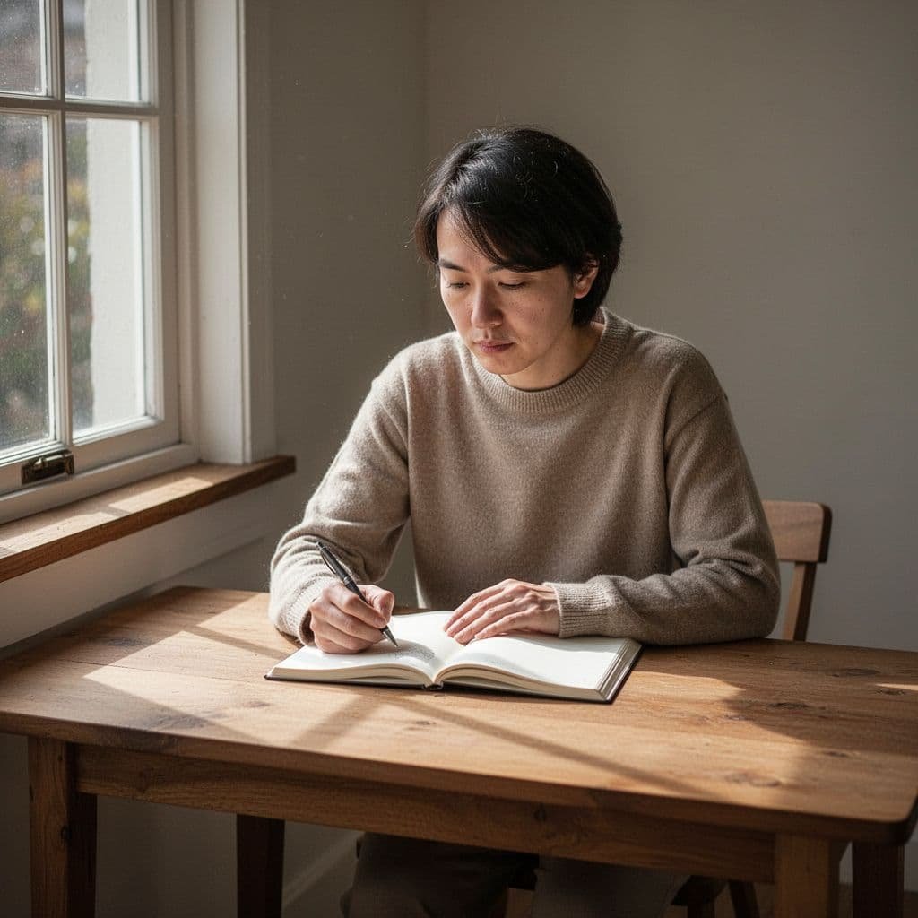 A person sits at a wooden table by a window with natural light, holding a pen over a notebook.