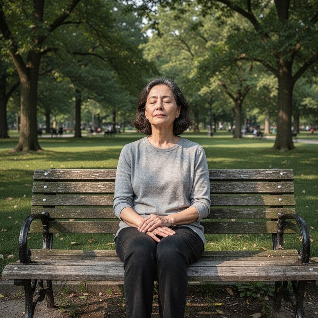 A person sits on a park bench with eyes closed and hands on lap in soft daylight.