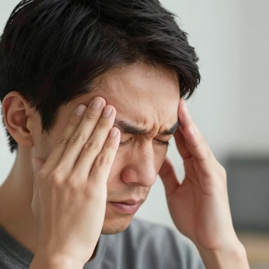 Close-up from behind of a person rubbing temples in frustration under soft office lighting.