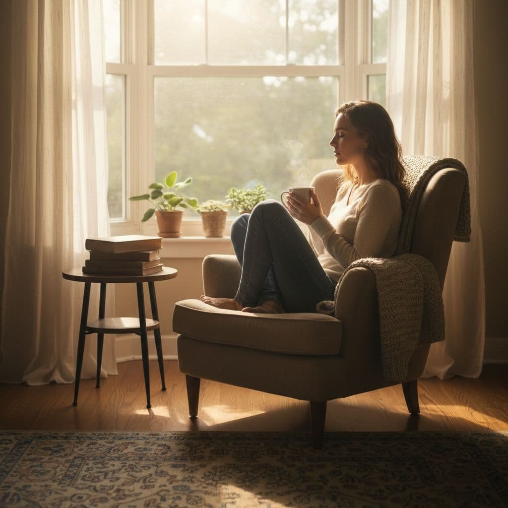 A person sits by a sunlit window holding a warm cup of tea in a cozy room.
