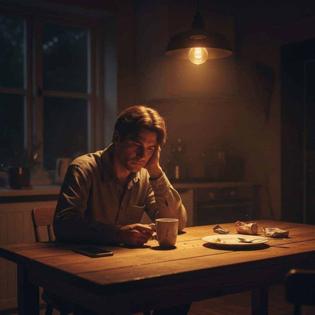 A tired person sits alone at a wooden table in a dimly lit kitchen at night.