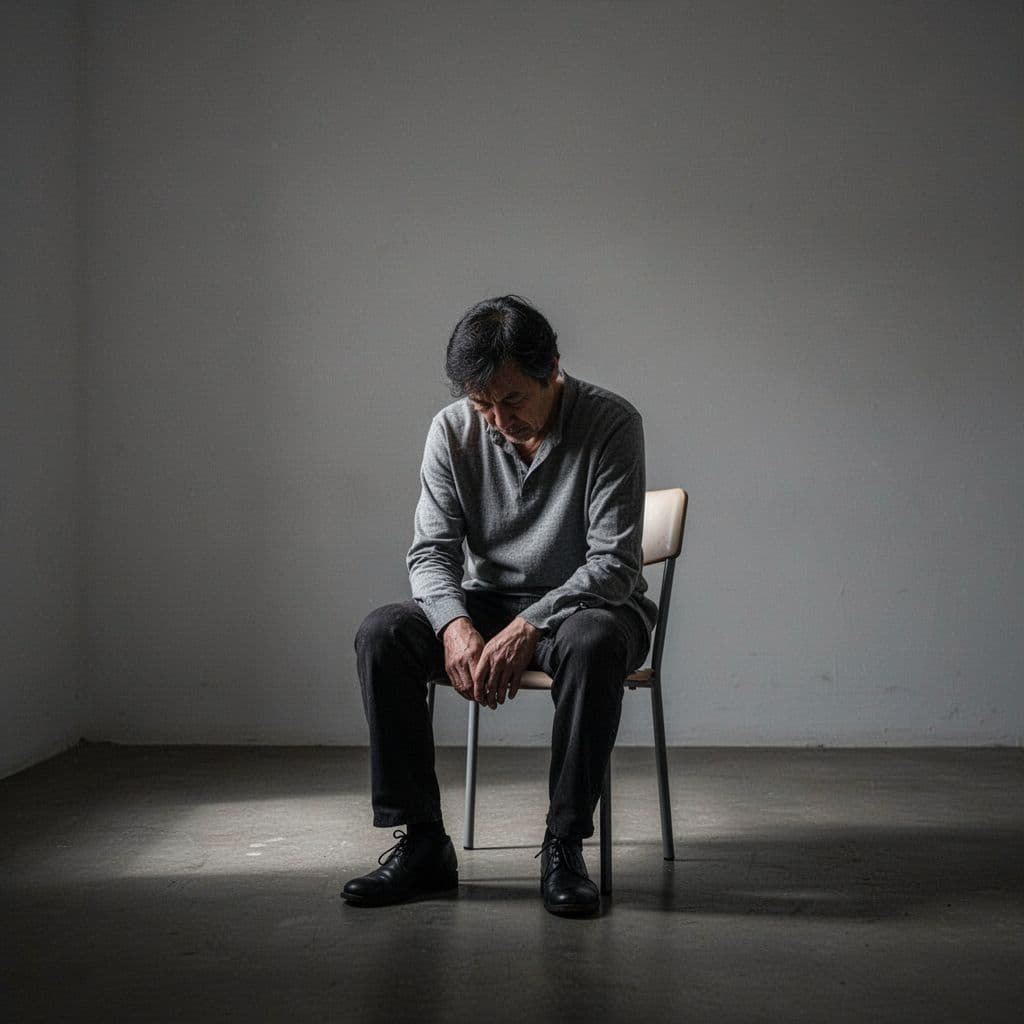 A person sits slumped on a chair in a dimly lit, minimalist room.