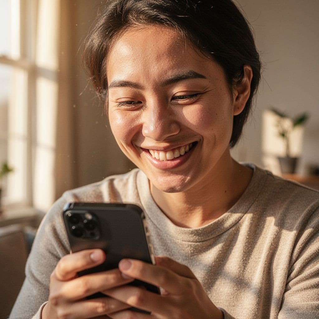Close-up of a person with genuine smile looking at smartphone in warm sunlit room.
