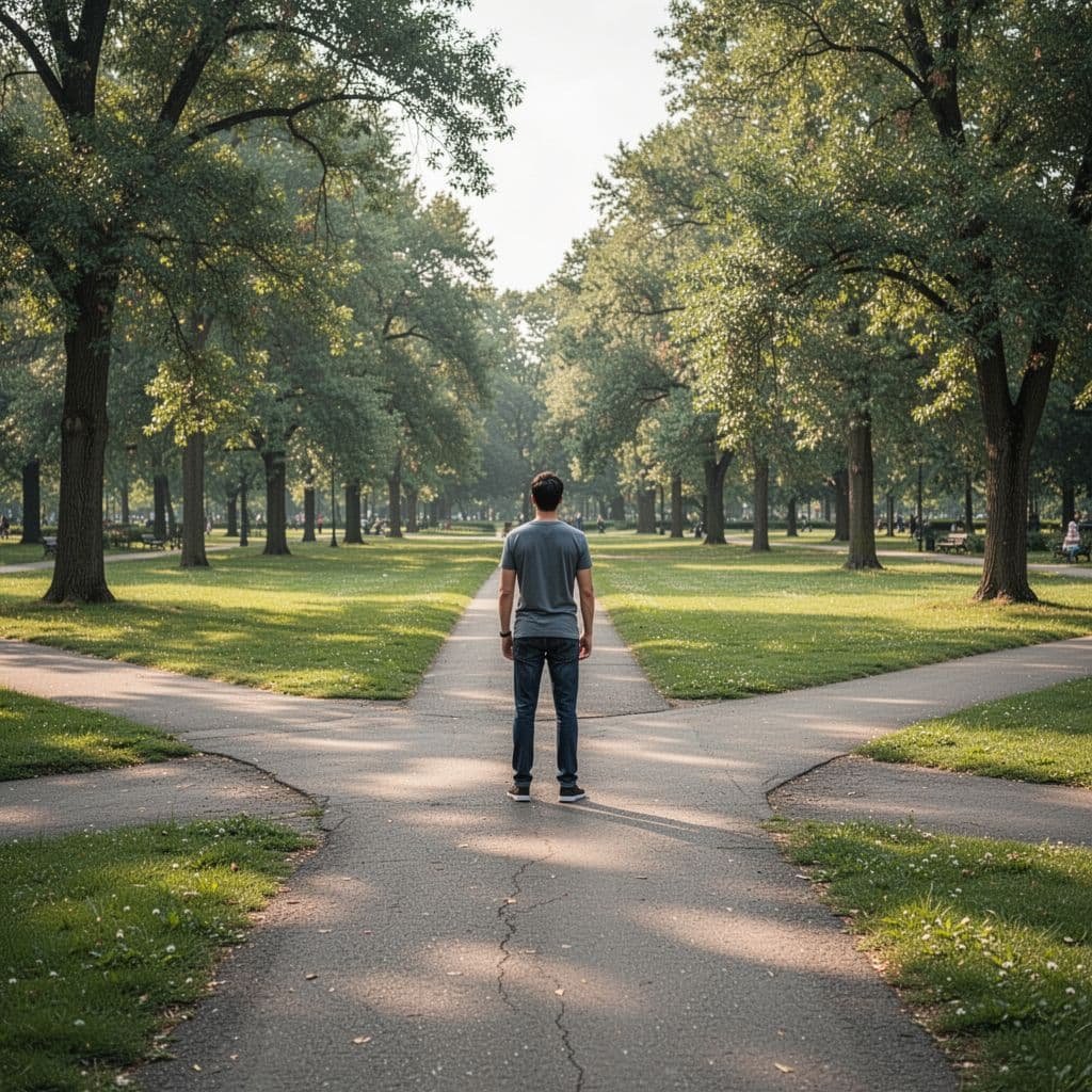 A lone person stands at a sunlit park intersection looking forward with a confident expression.
