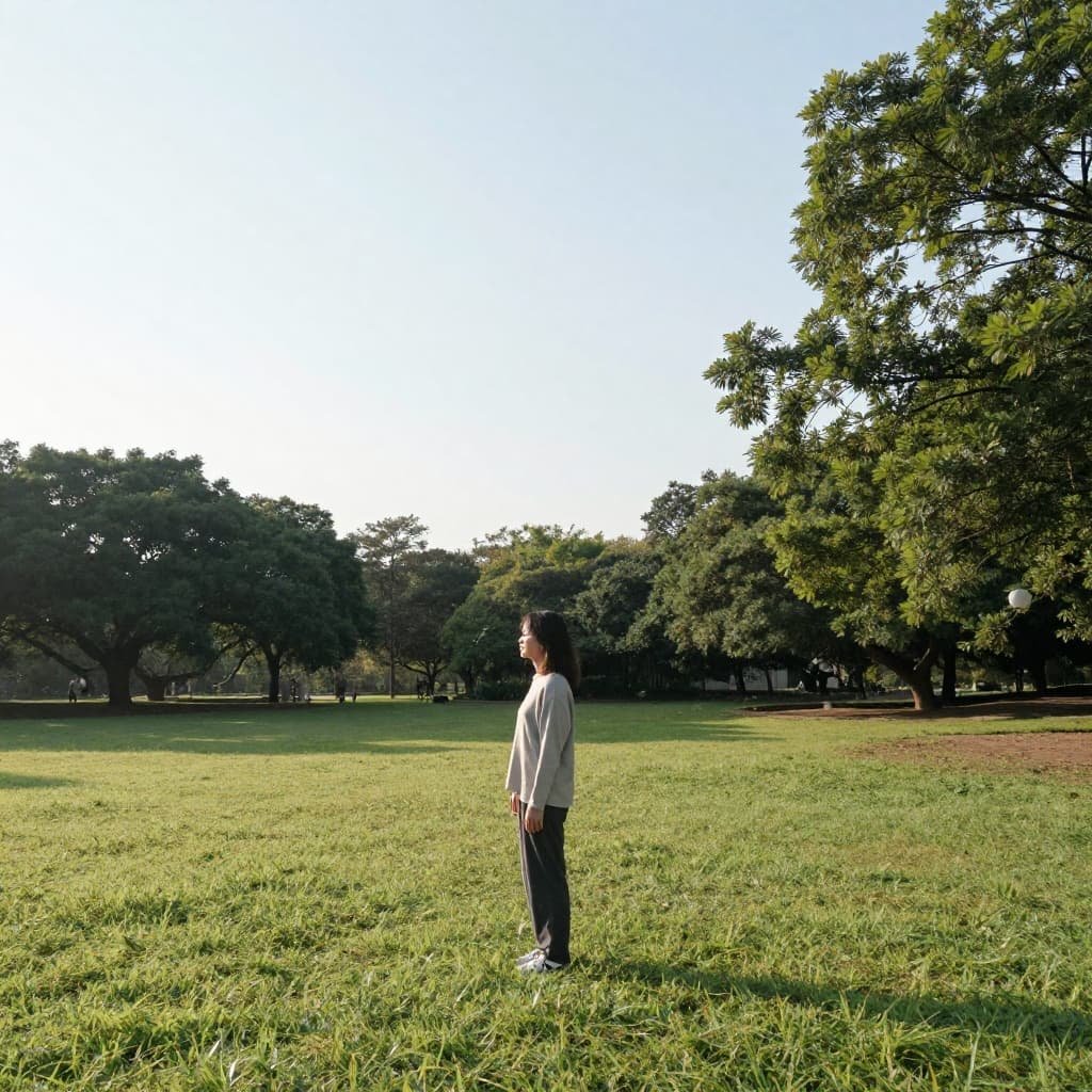 A single person stands calmly in a minimalist park during a bright, clear morning.