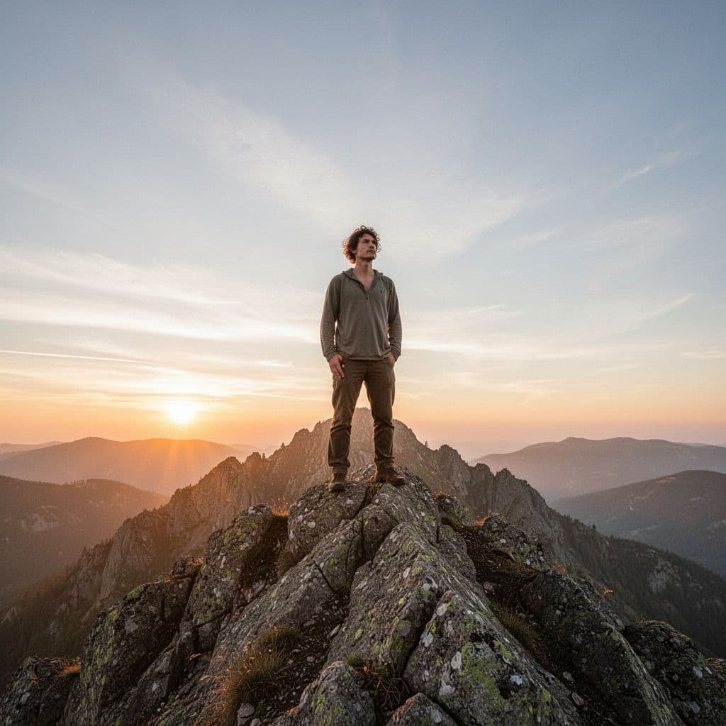 A person in simple outdoor clothing stands on a mountain peak at sunrise looking forward with confidence.