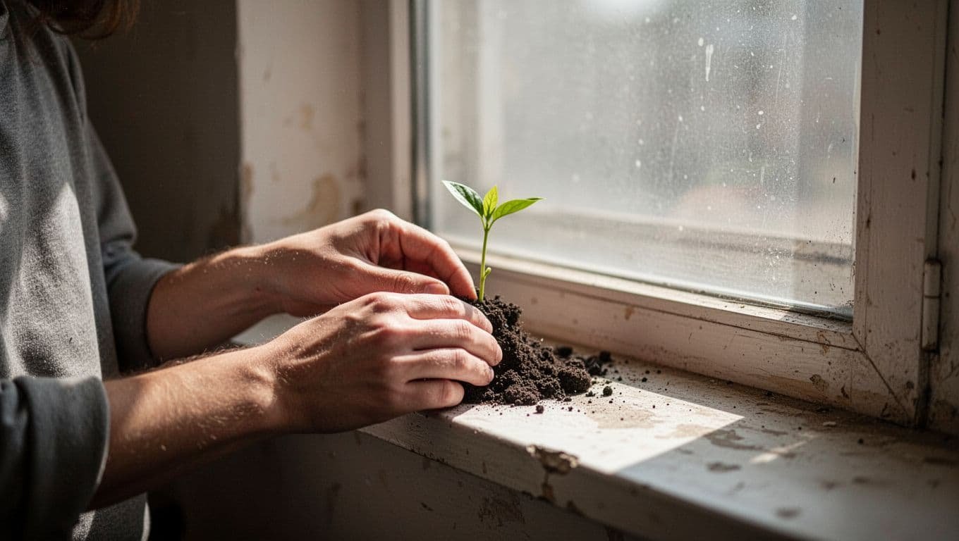 A person carefully tends a small new plant sprout in a modest indoor setting.