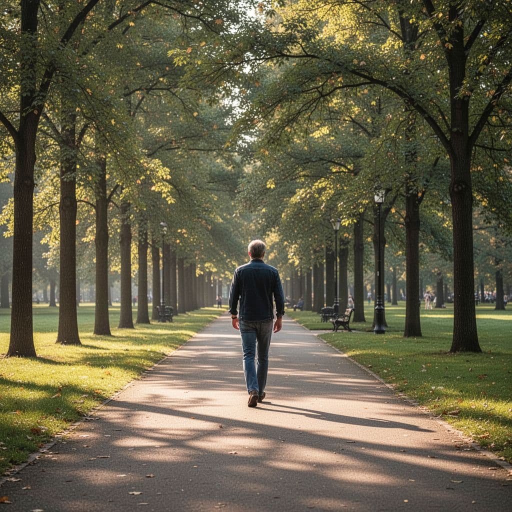 A person walks briskly along a tree-lined path on a bright, sunny morning.