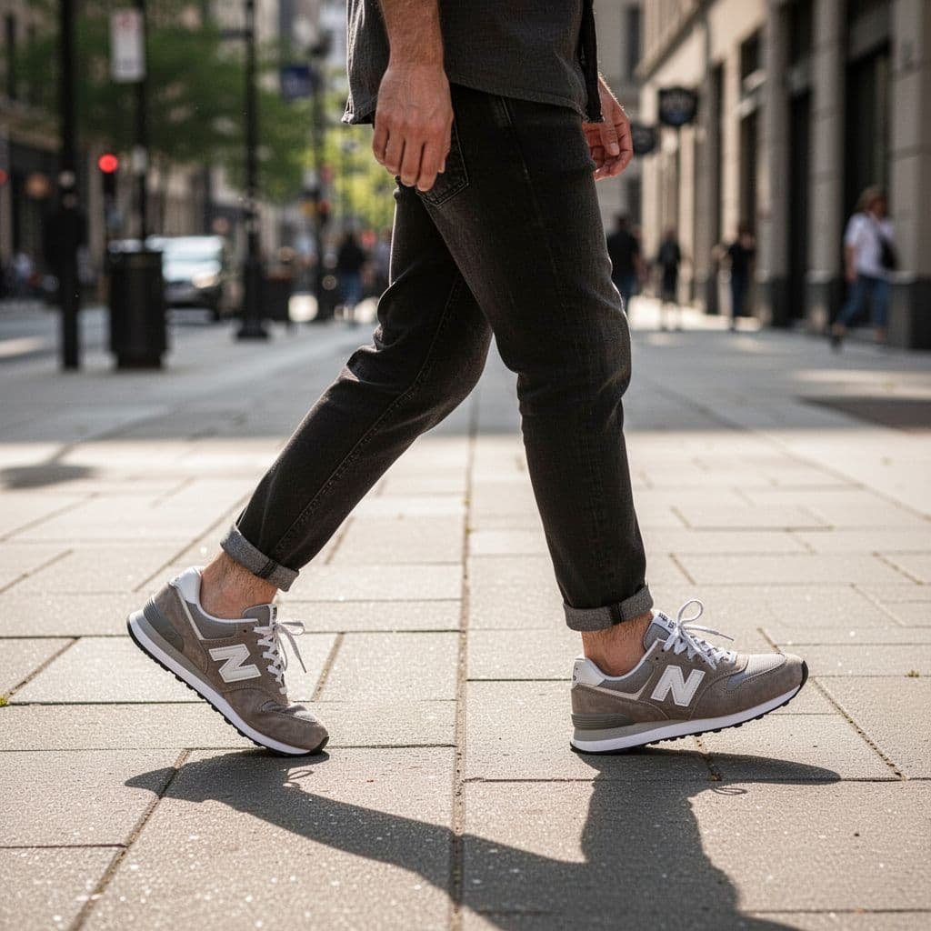 A side profile view shows a person wearing sneakers walking briskly on a sunny concrete sidewalk.