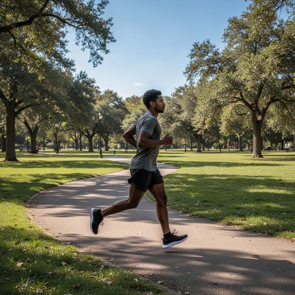 A person walks briskly along a paved path in a sunlit park.