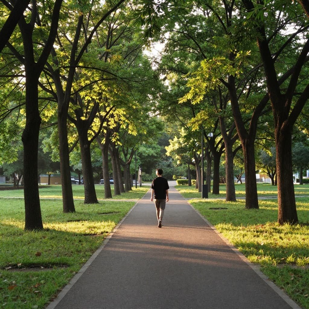 A lone person walks along a shaded park path during the soft light of golden hour.