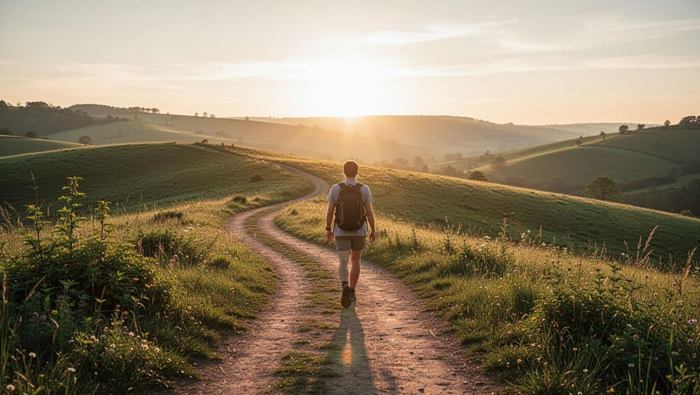 One person walks forward on a winding dirt path toward a bright sunrise over green hills.