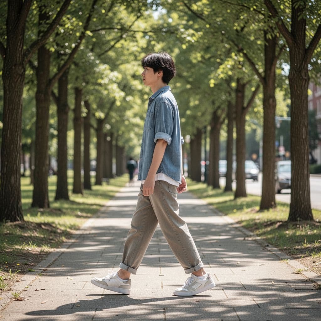 Side view of a person in casual clothes and sneakers walking down a sunny tree-lined sidewalk.