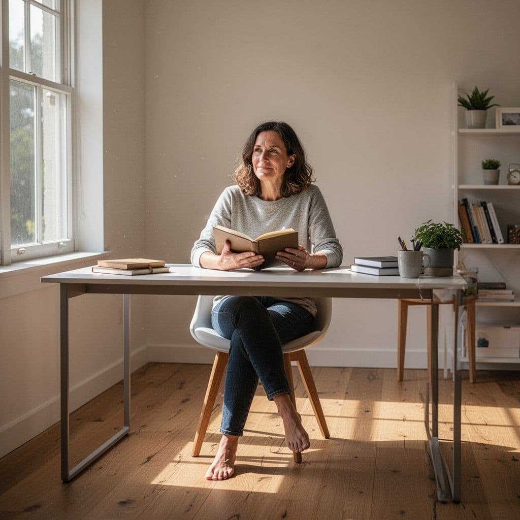 A focused individual sits at a minimalist desk in a bright room reviewing a paper notebook.