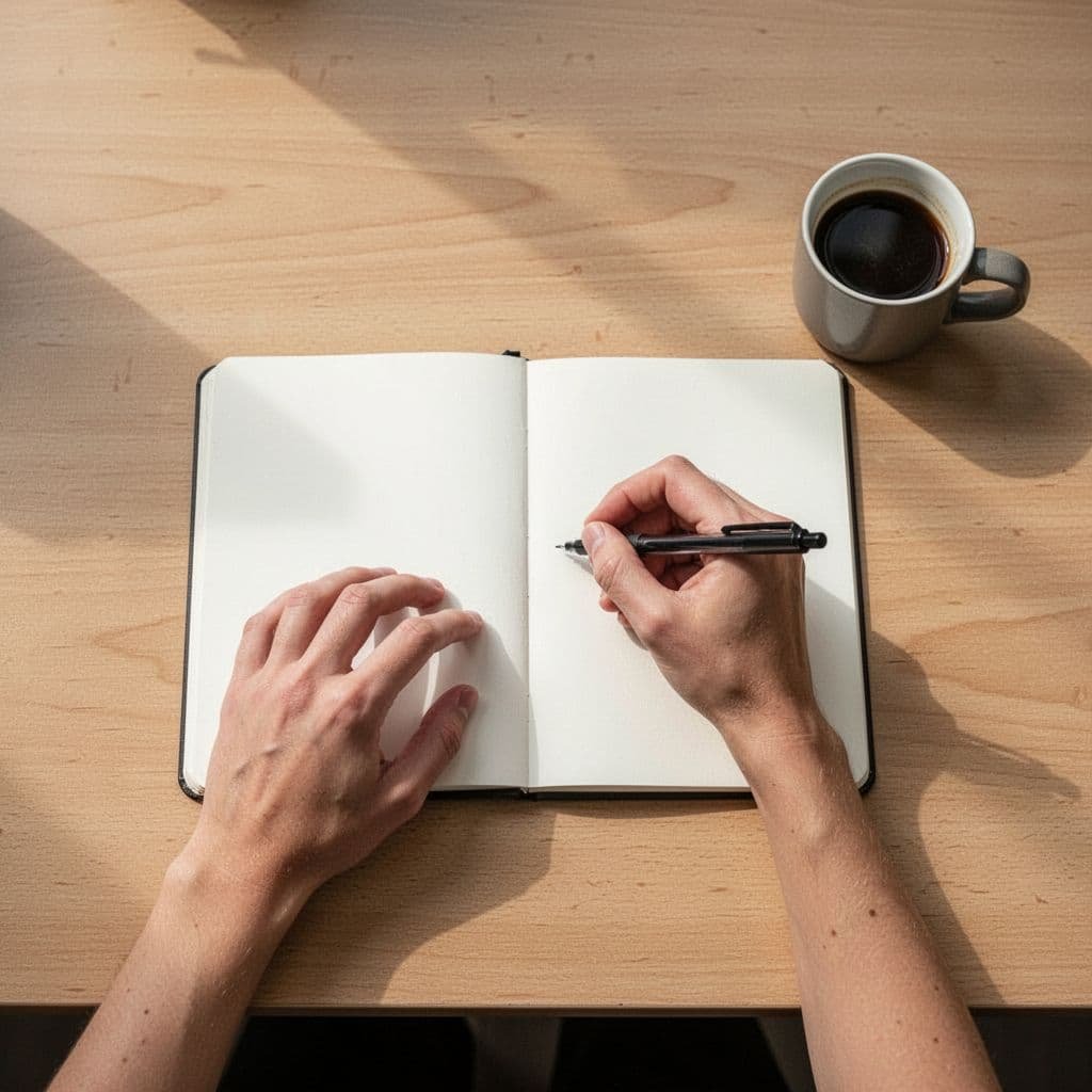 A top-down view shows hands writing on a blank notebook next to a coffee mug.