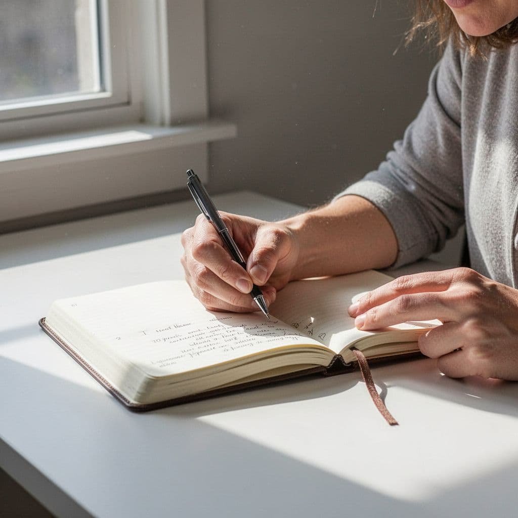 A close-up view shows a person writing with a pen in a physical journal on a bright desk.