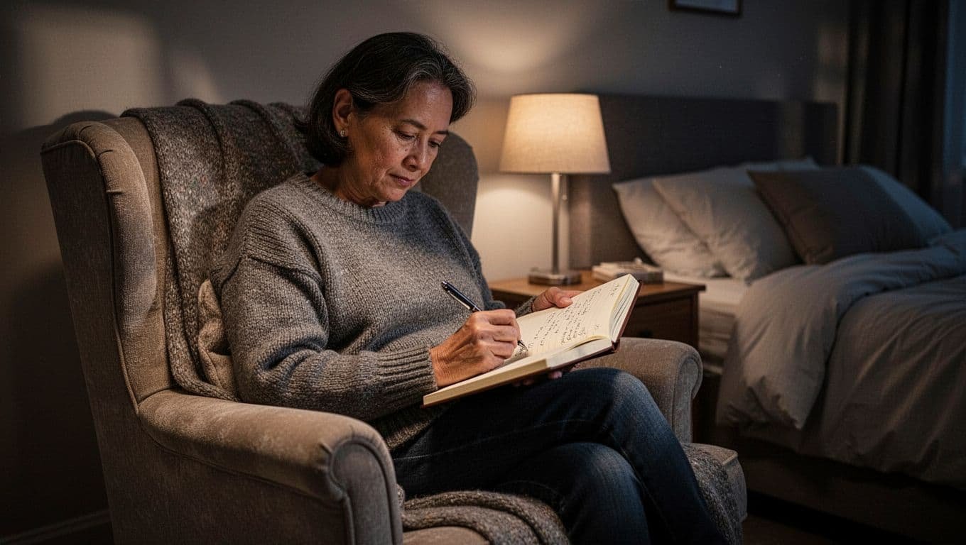 Person sits in armchair at night, writing in paper journal with pen under bedside lamp.
