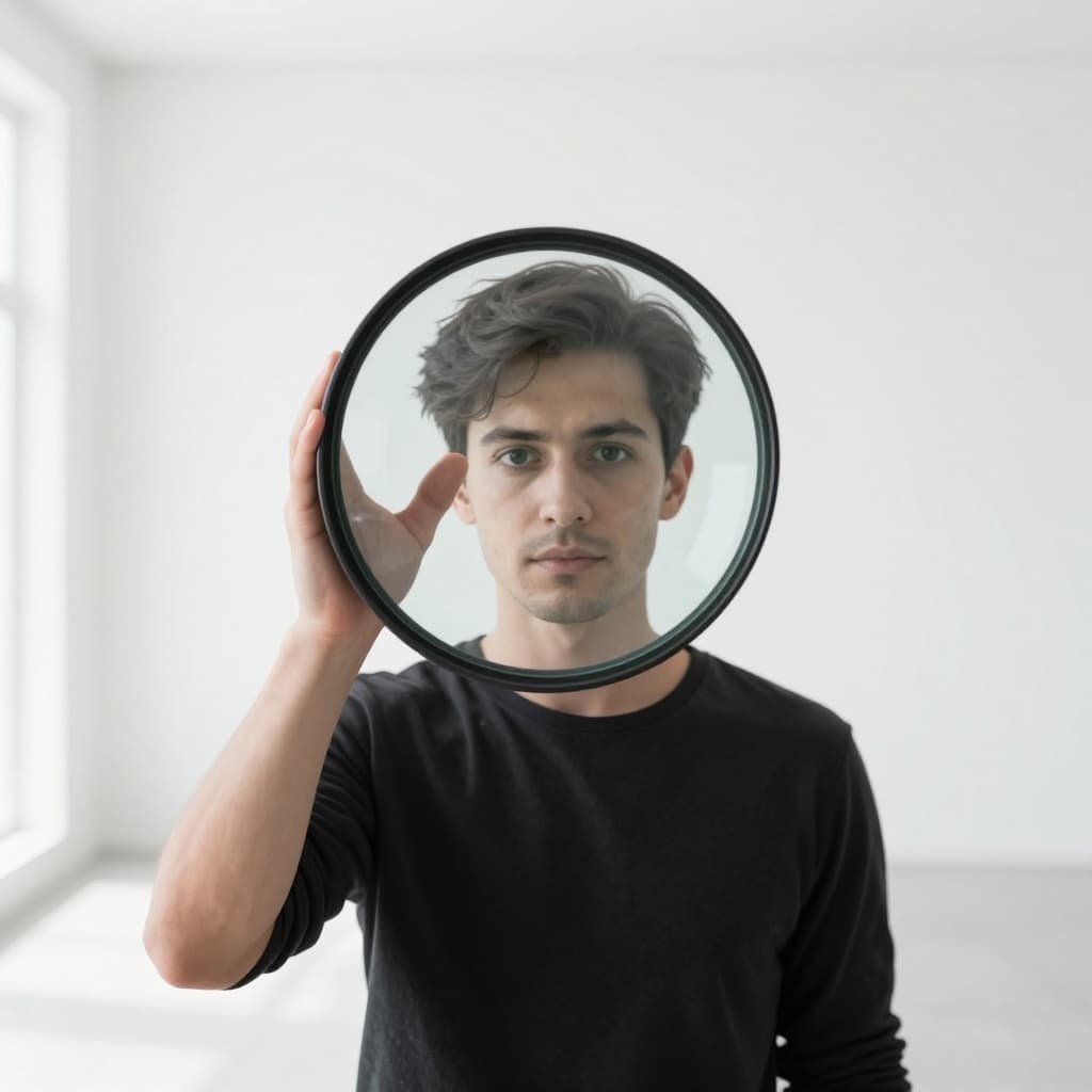 Person in modern room holds circular lens showing vibrant colorful scene amid grayscale surroundings.