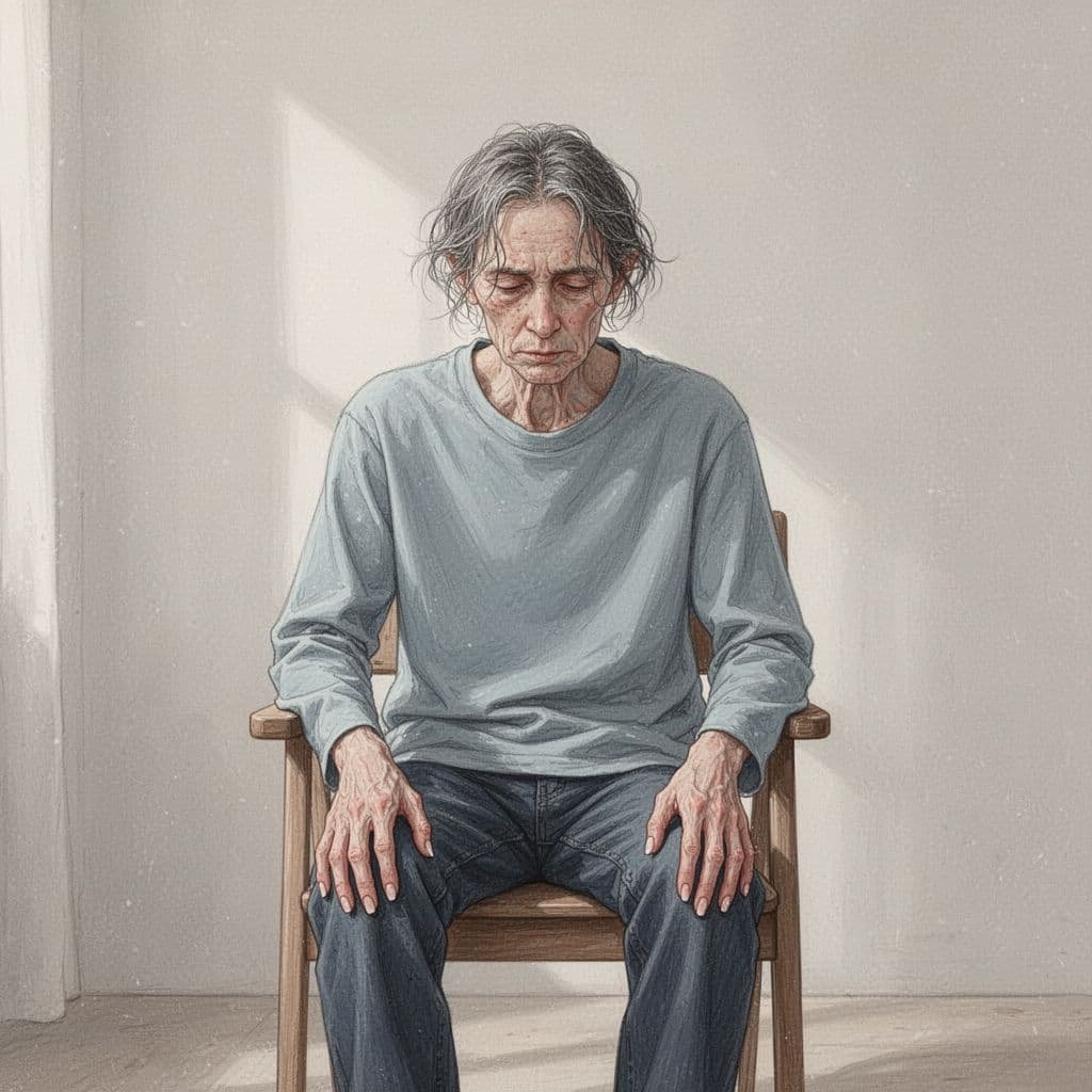 A slumped person displays signs of exhaustion including thinning hair, dry skin, and brittle nails.