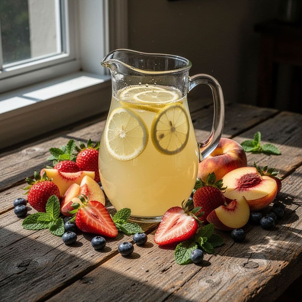 A pitcher of lemonade sits on a rustic table surrounded by strawberries, blueberries, peaches, and mint.