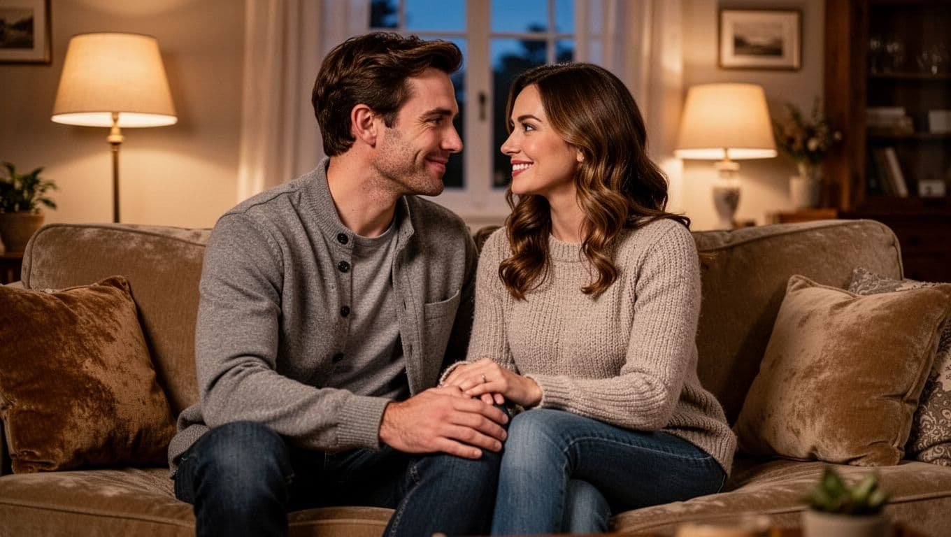 Man and woman in 30s sit close on couch, gazing playfully with hand on knee in warm light.