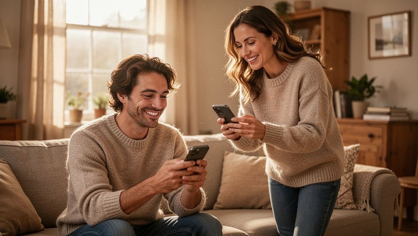 Young couple in cozy living room smiles playfully while glancing at phones and texting.