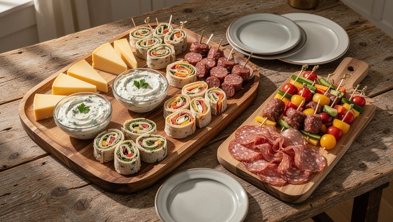 Assortment of cheese, dips, pinwheels, skewers, and veggie bites grouped on wooden serving tray and charcuterie board with small plates nearby.