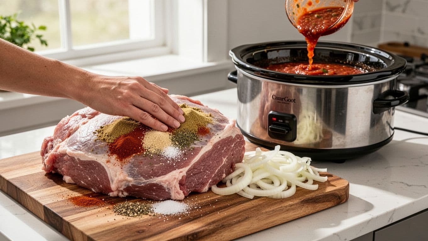 Hand rubs dry spices into raw pork chunks on wooden board near slow cooker with onions and salsa.