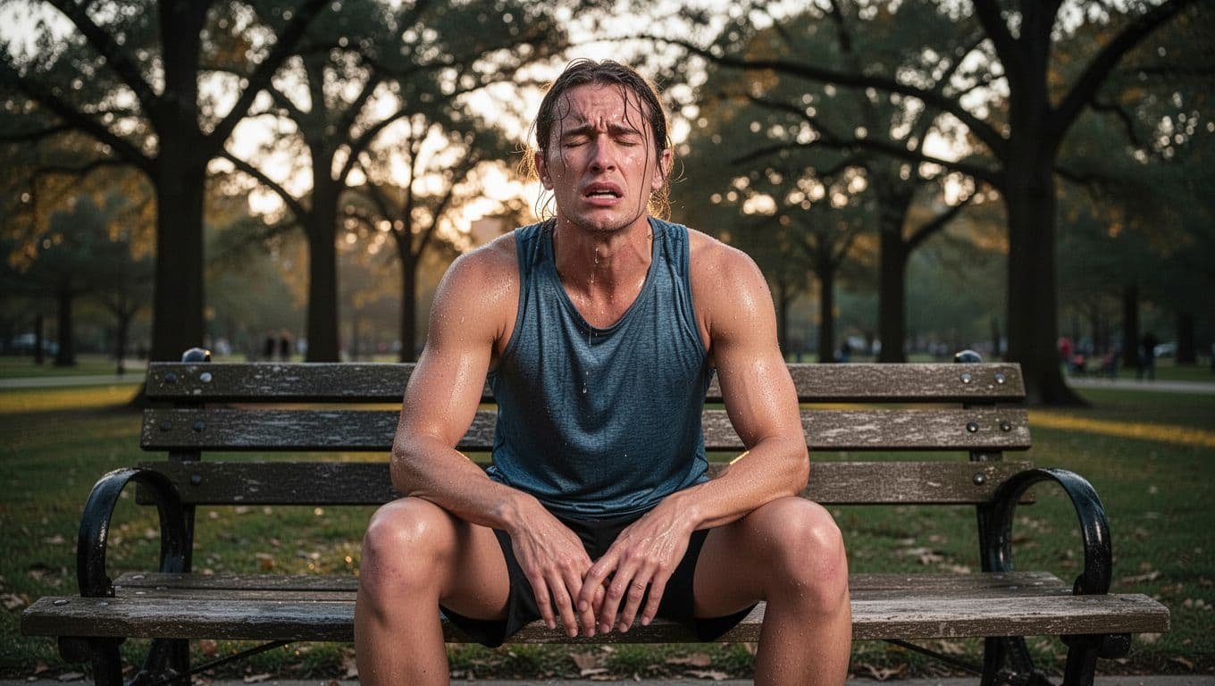 Sweaty adult with drained face sits exhausted on park bench, hands on knees, trees in background.