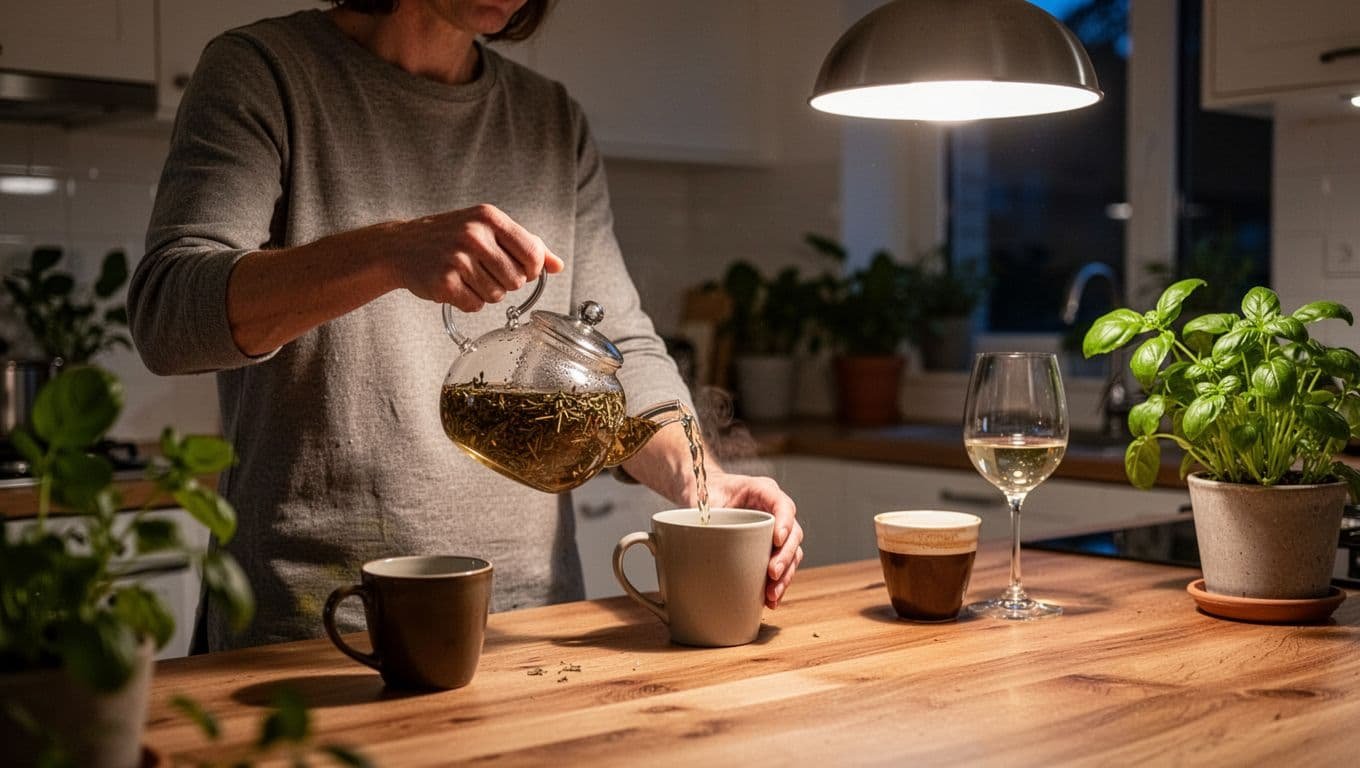 Person pours herbal tea into mug on wooden counter beside untouched coffee cup and wine glass, plants nearby.