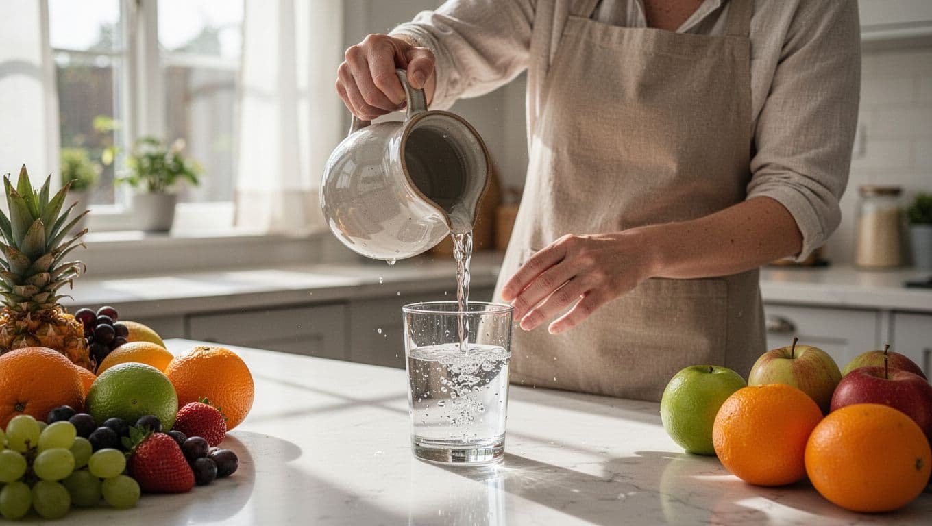 Person pours water from pitcher into glass on kitchen counter with fresh fruits nearby.