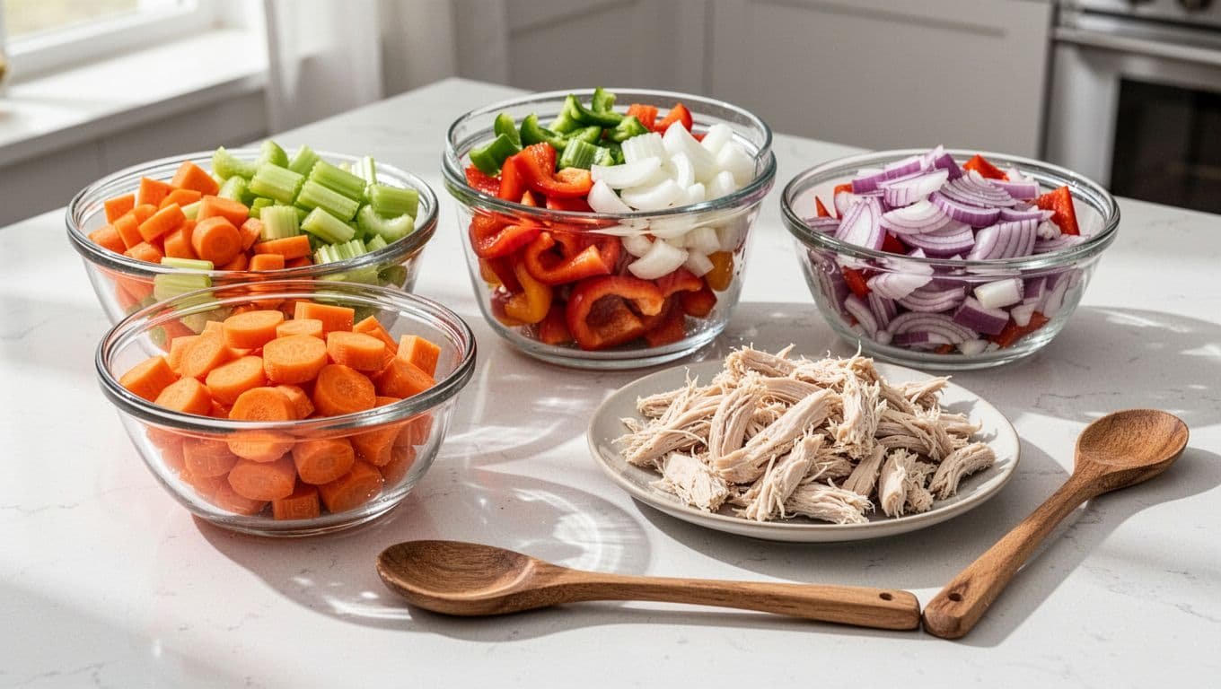 Glass bowls of chopped vegetables, jars of spreads, shredded chicken plate, and sauce bottles on kitchen counter.
