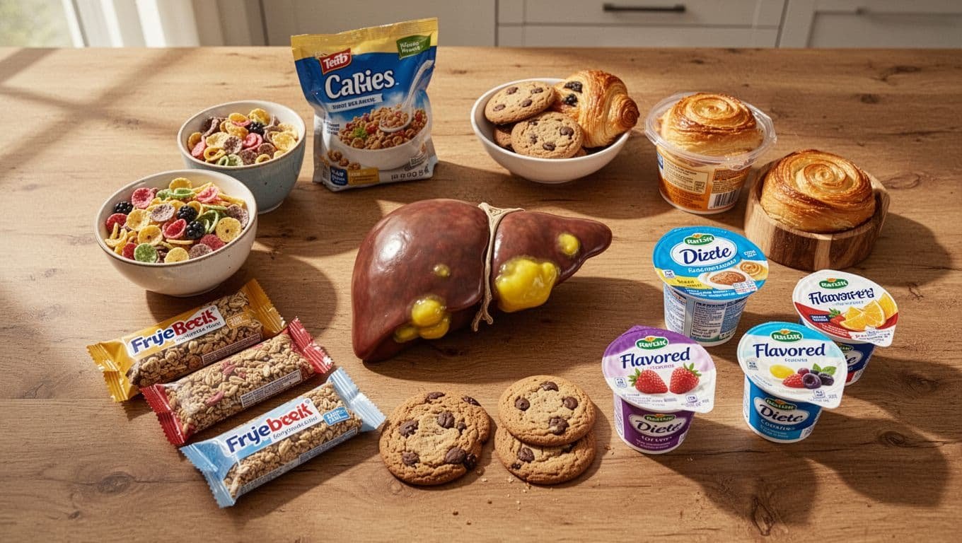 Colorful cereals, granola bars, cookies, pastries, yogurts on wooden table next to fatty liver model.