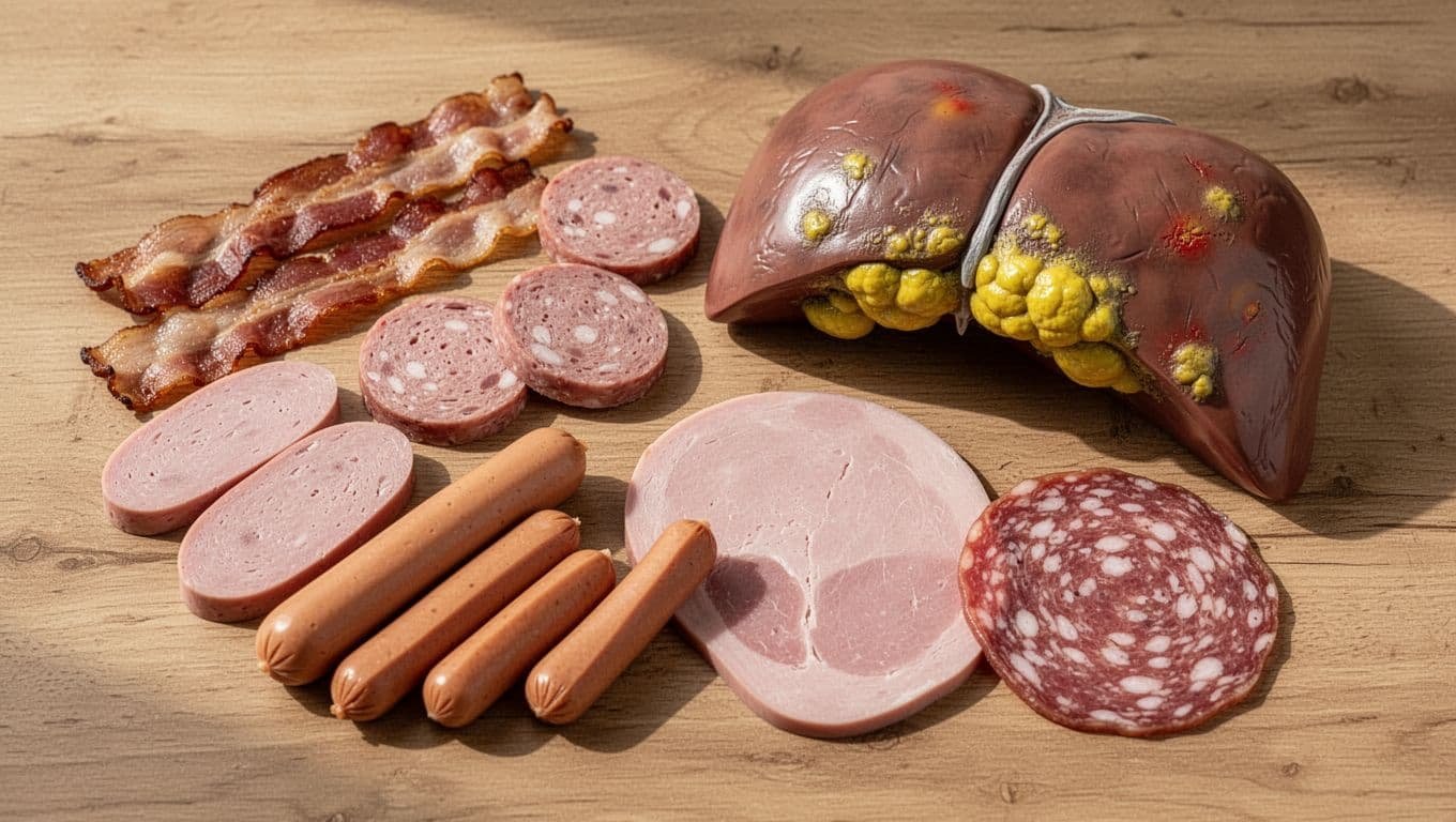 Plate of bacon, sausage, hot dogs, ham, and salami on wooden table next to human liver model with yellow fatty deposits and inflammation.
