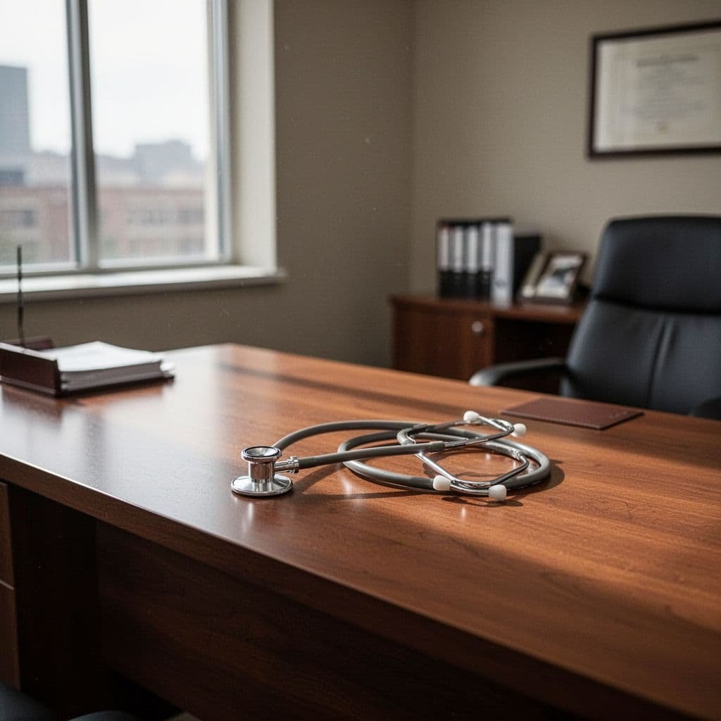 A clean, quiet doctor's office features a stethoscope resting on a desk bathed in soft natural light.