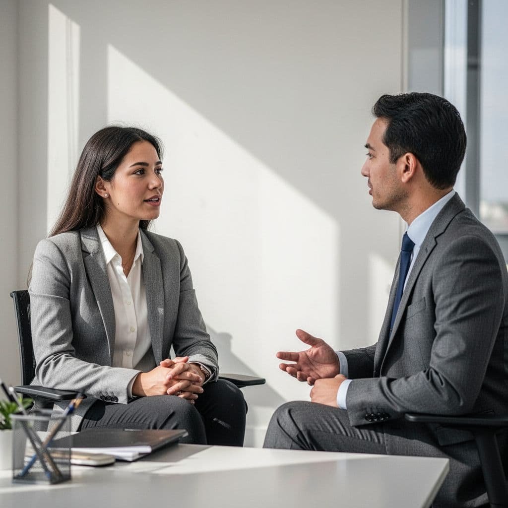 A focused professional listens attentively and maintains a calm, open posture while receiving workplace feedback.