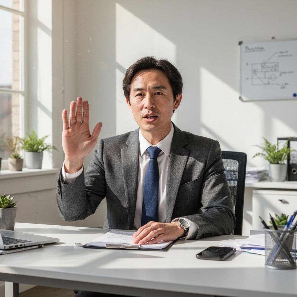 A professional sits at a sunlit desk making a calm stop gesture with their hand.