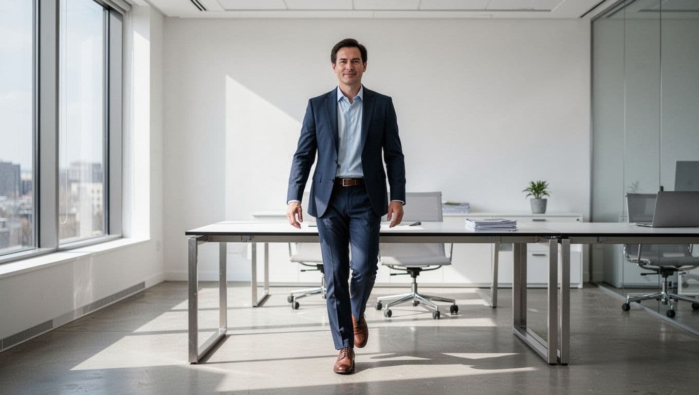 A professional walks away from a modern desk in a bright, minimalist office space.