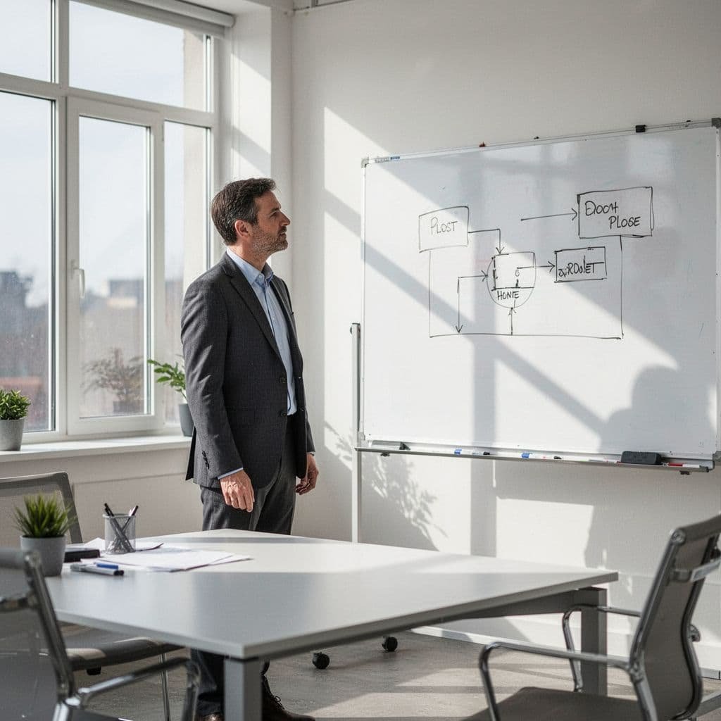 A person in professional attire stands calmly by a whiteboard reviewing a project plan.
