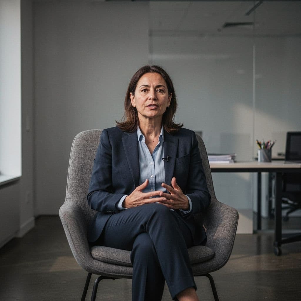 Person sits calmly in chair, pausing mid-conversation in dimly lit professional setting.