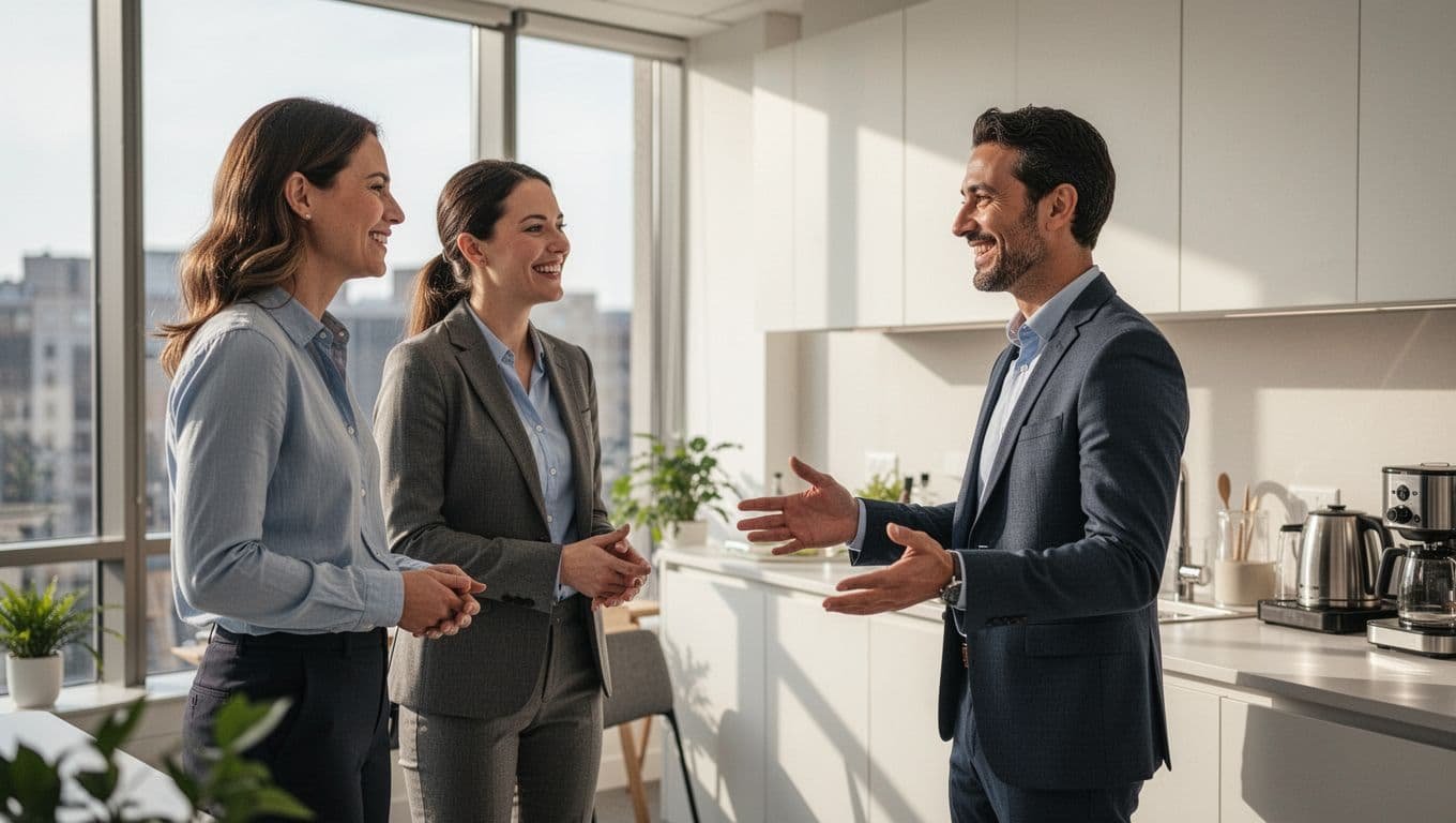 Three professionals in business casual smile, nod, and gesture openly while chatting in a bright modern office kitchenette.